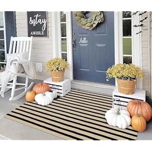 OJIA Washable Outdoor Rug 3’x5′ Black and Tan Striped Porch Rug Patio Rugs
