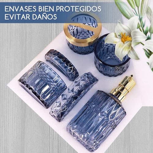 Hebaogugu 5-teiliges Badezimmer Set, Bad-Accessoire mit Seifenspender, Seifenschale, Zahnputzbechern und -Haltern sowie Wattestäbchenbehältern, Elegante Badezimmer deko für das Waschbecken(Blau)