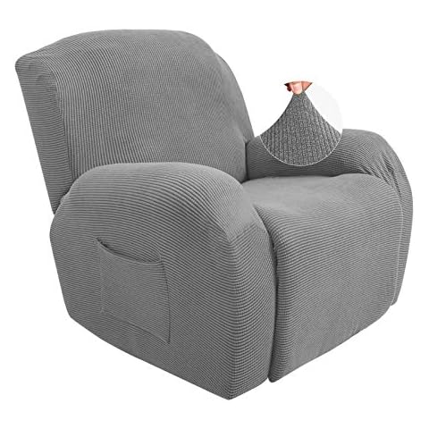 JIVINER Super Stretch Recliner Chair Covers 4 Pieces Sofa Slipcover for Recliner Chair Spandex Soft Recliner Slipcover with Pockets Recliner Furniture Protector (Recliner, Light Gray and Black) Cover