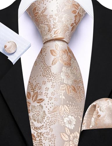 Image of Barry.Wang Flower Ties for Men Silk Woven Floral Tie Sets Necktie Handkerchief Cufflinks Wedding Party