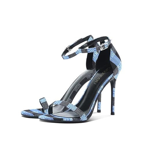 GOXEOU Sandalias de mujer de estilo chino Guizhou Buyi Cultura Nacional Rayas a Cuadros Moda de todo fósforo Sexy Tacones Stiletto Correa de tobillo de mujer, Color F5 Tacón de 3.1 pulgadas, 39 EU Cover