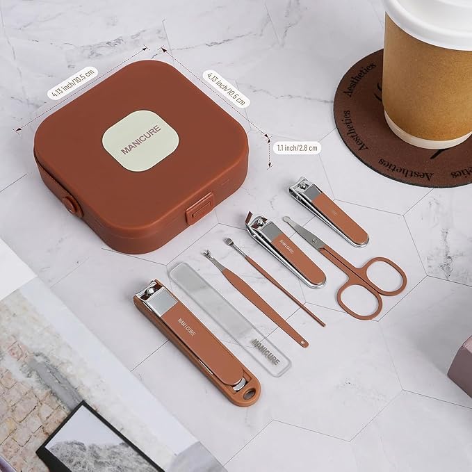 Nail Clippers Set 7 Pieces Stainless Steel Professional Grooming Kits, Fingernail and Toenail Clipper Cutters with Luxurious Travel Case Nail Care Tools Manicure Pedicure Kit (D-Brown)-image-33