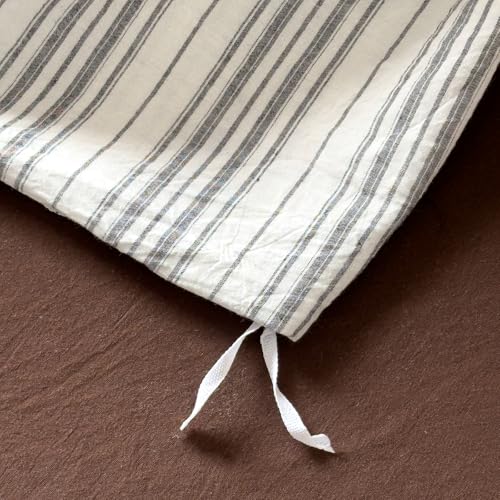 Image of VM VOUGEMARKET Striped Duvet Cover Set, 100% Washed Cotton Textured Minimalist Bedding Set, Ticking Pinstripe Farmhouse, 3 Pieces, White Black Stripes, Queen Size