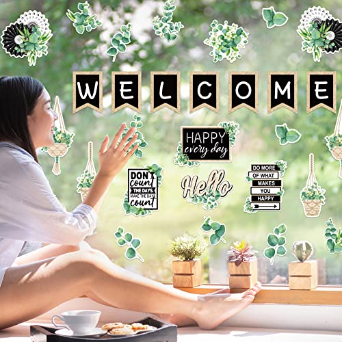 Image of Whaline 29 Pieces Eucalyptus Bulletin Board Set Welcome Banner Simply Boho Bulletin Board Decor Boho Greenery Calendar Cutout Decorations for Back to School Classroom Teacher Supply