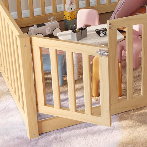 Image of Bellemave Full Size Kids Montessori Floor Bed with Door,Solid Wood Floor Bed Frame with High Fence for Girls,Boys,Natural