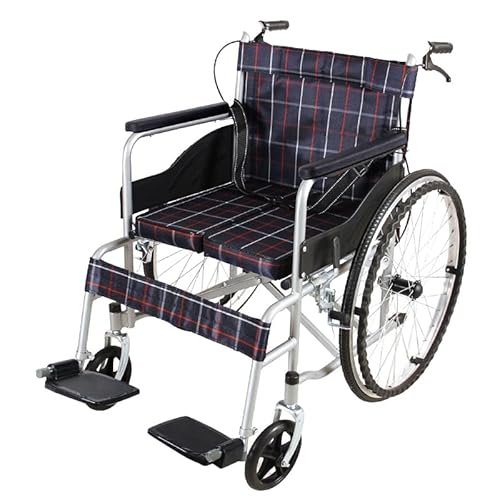 オックスフォード布張りシート付き折りたたみ式スチール製自走式車椅子(ブラック) (ラージチェック,オックスフォード布製ダブルフリップシートクッション - ソリッドタイヤ)