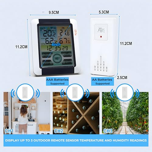 Image of DeWire Wireless Weather Station with 1 Remote Sensor [Supports Upto 3] Digital Touch Screen Hygrometer Thermometer with Backlight, Indoor Outdoor Temperature Humidity Monitor (Weather station)