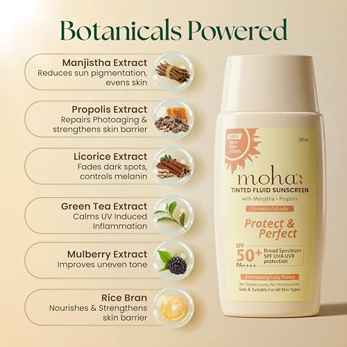 Image of Moha Tinted Fluid Face Sunscreen SPF 50 PA++++ India's 1st with New Gen filters | New-Gen Photostable UV Filters | pH balanced | Advanced botanical for skin repair and tone perfecting | | Lightweight Makeup Base | | For All Indian Skin Tones | For Men & Women 50 ml Pack Of 3