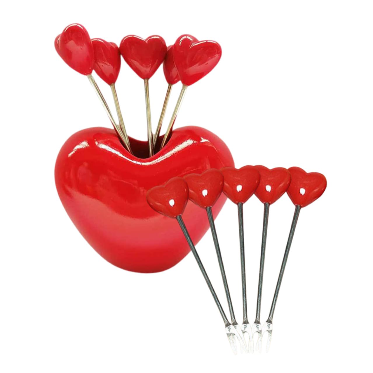 Set da 10 Mini Forchette da Frutta in Metallo e Resina con Supporto a Forma di Cuore Forchettine da Dessert e Antipasti per e Uso Domestico