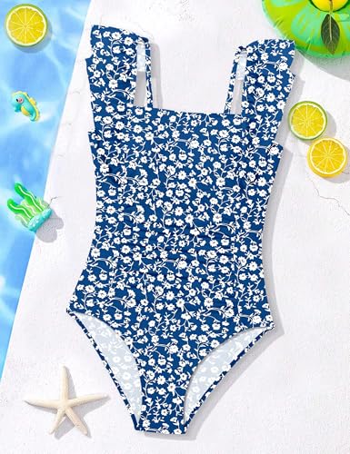 Image of NECIOUS Girls Swimsuit Ruffle Adjustable Straps One Piece Bathing Suit Solid Color Ruched Girls' Swimwear 9-16Y
