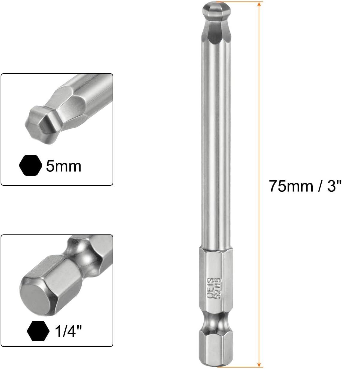 2pcs Ball End Hex Screwdriver Bit Set 5mm (H5.0) Size 1/4" Hex Shank 75mm (3") Long Magnetic Ball Head Bits S2 Steel Metric Screw Driver Bit