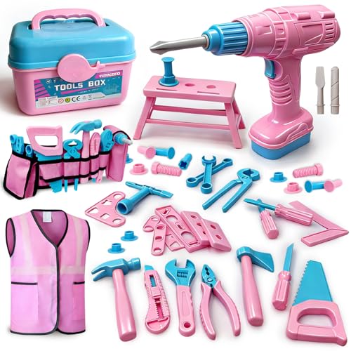Kids Tool Set 55Pcs Tool Box Toddler Tool Kit for Girls Play Tools Toy with Tool Belt Electronic Toy Drill Safety Vest Pretend Play Construction Toy for Girls Boys Ages 3 4 5 6 7 Years Old