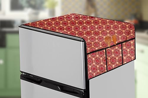 Image of The Furnishing Tree Fridge Top Cover Compatible for Samsung RR20C1823U8 /HL, 183 LTR WxL 65x111 in CM Frieze Pattern Maroon