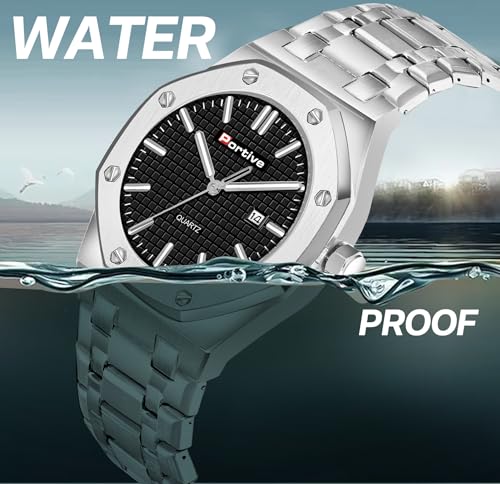 Image of Portive Quartz Watch for Men, Silver Stainless Steel Bracelet, Black Dial, Date Display, Octagonal Case