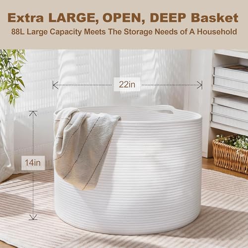 Image of MEGASKET White Cotton Rope Storage Basket, 22 inch X 22 inch X 14 inch Extra Large Blanket Storage Living Room, XL Soft Toy Bin for Organizing, Woven Baby Laundry Basket with Handle, White Wicker Hamper Nursery