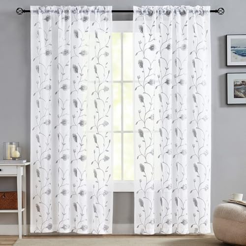 Image of White-Grey Sheer Curtains 84 Inches Long, Floral Embroidered Rod Pocket Sheer Drapes for Living room, Bedroom, 2 Panels, 52 inchx 84 inch, Semi Crinkle Voile Window Treatments for Yard, Patio, Villa, Parlor