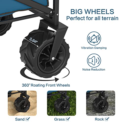 Knowlife Collapsible Wagon, Beach Wagon With Big Wheels For Sand, Beach Cart With Retractable Handle, Utility Wagon Cart Heavy Duty For Beach Shopping Sports, Blue #TOP4