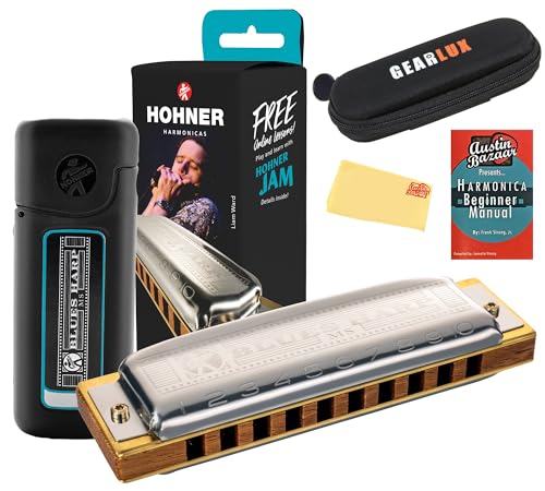Hohner Harmonica 532 Blues Harp MS - Key of G Bundle with Zip Case, Harmonica Beginner Manual, and Austin Bazaar Polishing Cloth