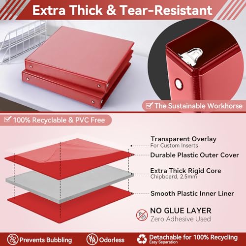 Image of SUIN 1 Inch 3 Ring Binder, Clear 1'' View Presentation Binders with 2 Pockets, Fits 8.5 x 11 Letter Size, Durable Polypropylene, Non-Stick & PVC-Free for School, Office & Home (Red)