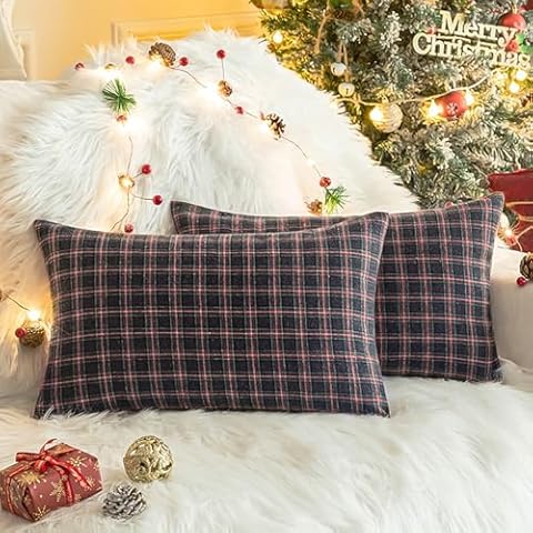 Knagsfa Christmas Throw Pillow Covers Set of 2 Scottish Tartan Cushion Case for Farmhouse Home Winter Holiday Plaid Decorative Pillowcases Red and Blue, 12 x 20 Inches Cover