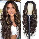 AISI QUEENS Long Brown Wavy Wig, Ombre Brown Highlights Synthetic Wigs for Women, Brown Mixed Blonde Middle Part Heat Resistant Hair Wigs for Daily Party Use