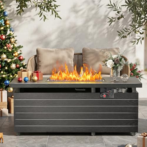 51 Inch Outdoor Propane Fire Pit Table, 50000 BTU Rectangular Propane Fire Pit with Steel Tabletop & Sliding Tank Holder, 4-in-1 Gas FirePit Table with Blue Glass Stones for Patio, Backyard