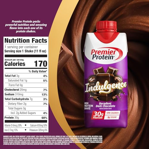 Image of Premier Protein Shake INDULGENCE, Decadent Dark Chocolate, 30g Protein, 170 Calories, 3g Sugar, 11 fl oz, 4 Pack (Packaging May Vary)