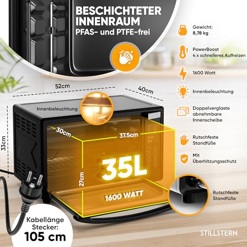 Stillstern Minibackofen mit Umluft (35L) DE Version, Pizza Ø28cm, NEU: CYCLONE PRO+ (Antihaftbeschichtung), 13 Programme, Auftauen&Warmhalten, 8h Timer, Rezeptheft, Mini Backofen Pizzaofen Grill – Bild 5