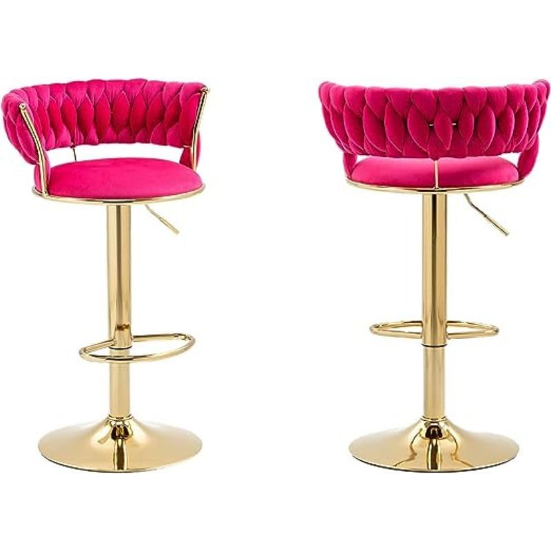 Image of Creative Red Velvet Bar Chair | Modern Adjustable Bar Stool for Home, Kitchen & Bar Use | Electroplated Metal Base | 1.87 Feet Seat Height | Tufted Design | Qty 2