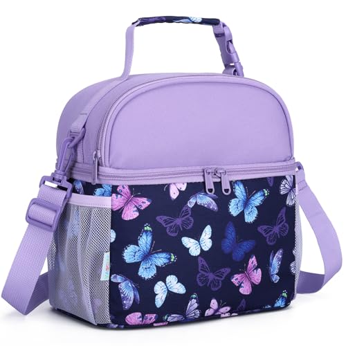 VASCHY Lunch Box Bag for Kids, Insulated Double Compartments Cooler Lunch Tote for Toddlers Girls School/Daycare/Picnic Purple Butterfly