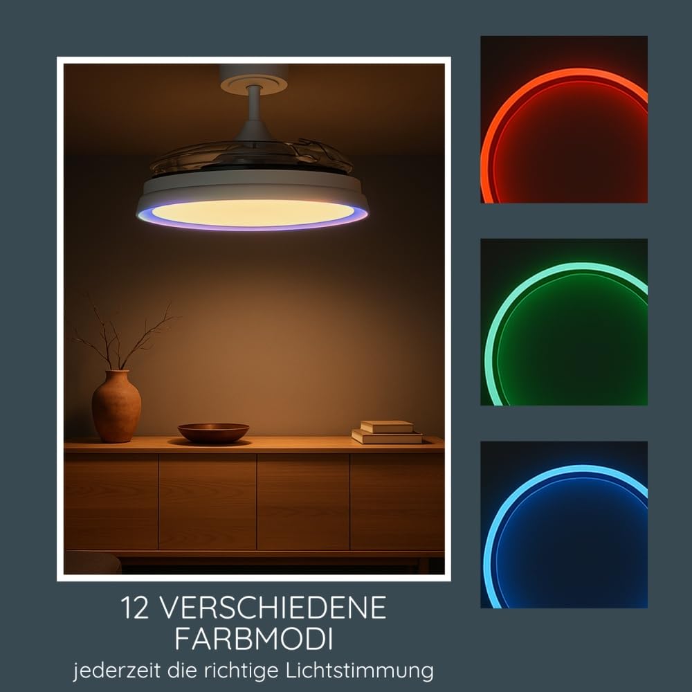 MeLiTec Deckenleuchte mit Ventilator, Deckenventilator mit Beleuchtung LED, leise, mit RGB-Licht, verschiedene Farbmodi, Timer- und Nachtlichtfunktion, dimmbar, DV07, weiß, Steuerung per Fernbedienung