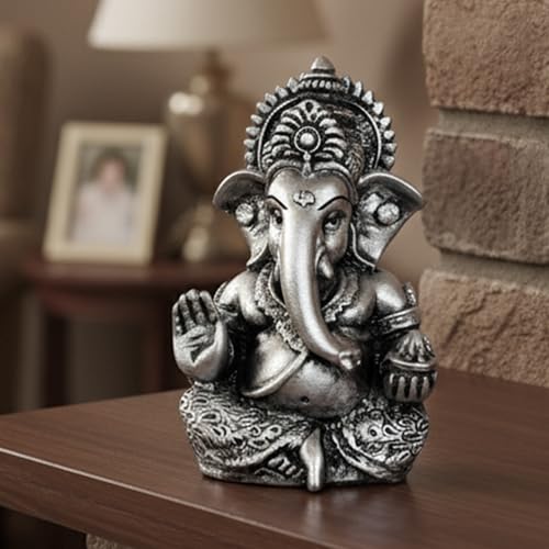 Image of Elegant Resin Ganesha Idol for Home Temple Decor, Lord Ganpati Murti for Pooja Room, Car Dashboard, Gift Item | Color: Metallic