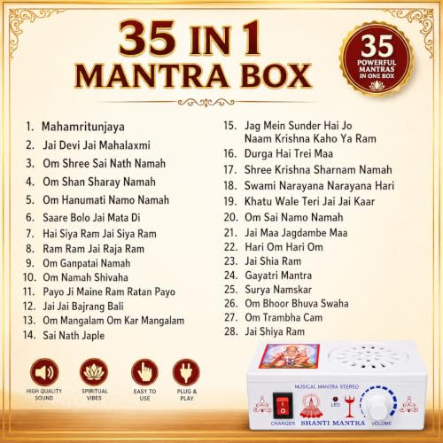 Image of V3Squared 35 in 1 Religious Mantra Chanting Machine, White Plastic Body with LED Light, Volume Control, Heavy Speaker, Plug and Play