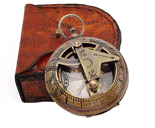 Brújula de latón con reloj solar 2 pulgadas y estuche de cuero