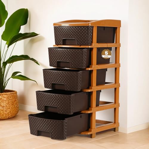 Image of Criusia 5 Tier Plastic Drawer Storage Organiser | Storage Rack | Modular Kitchen & Toy Organizer For Kids Room | Chocolate Brown