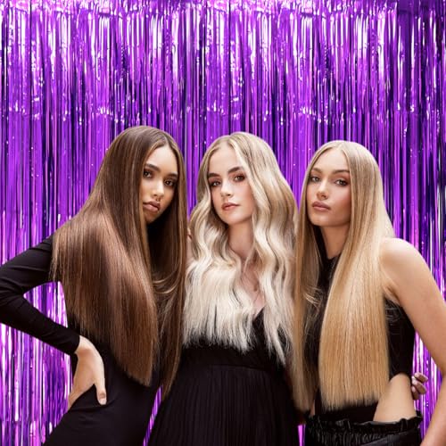 Image of Voircoloria 2 Pack Purple Tinsel Foil Fringe Curtains, Purple Party Decorations, Metallic Tinsel Party Streamers Backdrop for Halloween Mermaid Bachelorette Graduation Party Decorations