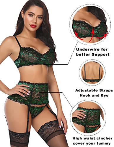 Avidlove Women Sexy Lingerie Set with Garter Bra and Panty Lace Underwire Lingerie Sets(Green,L) - Image 3