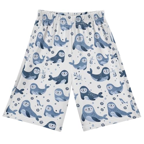 ALAZA Dolphin Leaf Colored Sea Lion Pajama Shorts Elastic Waist Casual Sleep Shorts with Pockets Size 6-14