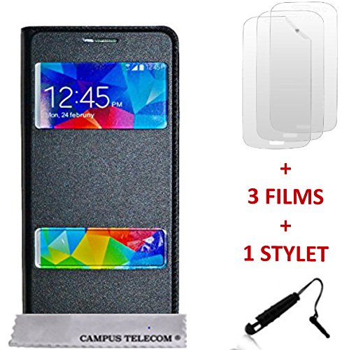 CAMPUS TELECOM Étui Folio S View Cover Cache Batterie Noir avec fenêtre pour Samsung Grand Prime G530H + 3 Films et 1 Stylet offerts et Samsung Galaxy J2 Prime (5 Pouces)