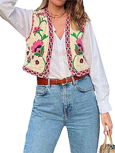 NUFIWI Women Vintage Embroidered Floral Vest Top Y2k Sleeveless Open Front Crop Vest Boho Floral Waistcoat Jacket4