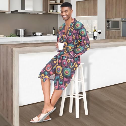 Men’s Robe Music Notes Print, Long Sleeve Bathrobe for Sleep Shower-M2