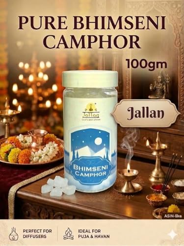Image of Jallan Pure Bhimseni Camphor (Original)| 200g Jar (100X2)| 100% Natural Organic and Original Kapoor| Purifying & Pleasant Fragrance for Pooja, Hawan, Air Freshener| Use for Camphor Diffuser Electric