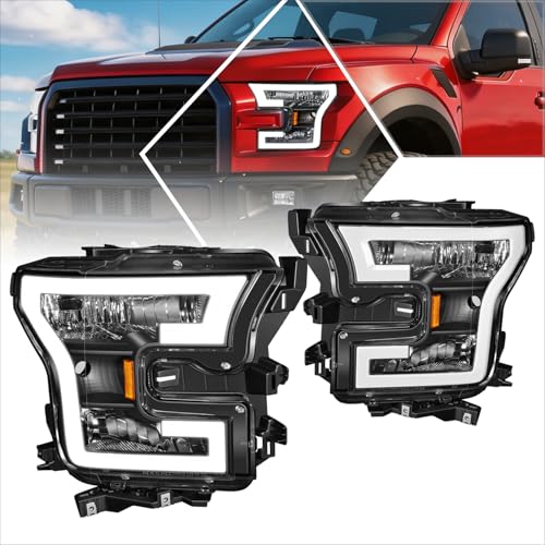 LED DRL Headlight(Headlamps) Assembly Set Compatible with Ford F150 2015-2017,Black Housing/Amber Corner