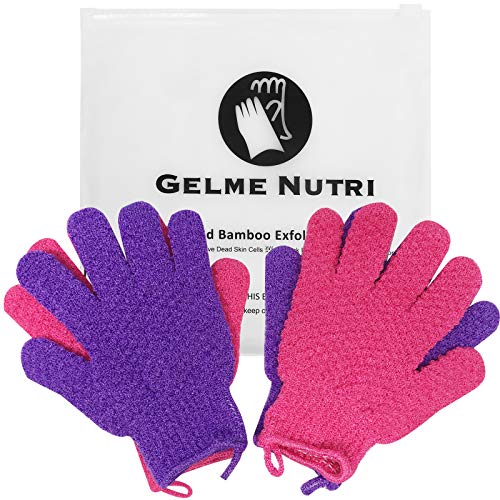 2 Pairs Exfoliating Bath Gloves,Large Jacquard Deep Exfoliating Shower Gloves,Double Sided Exfoliating Gloves for Body,Wash Mitt Shower Gloves Makes Skin Soft&Healthy,with Hanging Loop(Purple+Rosy)