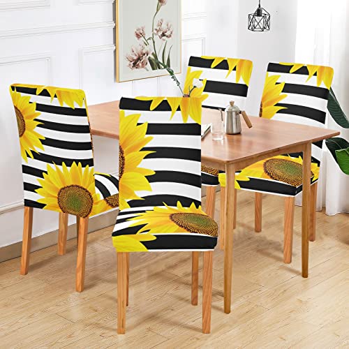 Susiyo 4Pcs Chair Covers, Sunflowers On A Striped Black And White Dining Room Chair Protector Slipcovers Stretch Removable Washable For Kitchen Hotel Office Banquet Wedding Party #TOP5