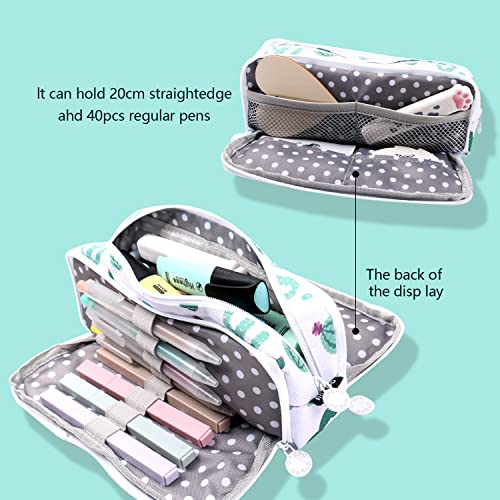 Image of MAMUNU Big Capacity Pencil Pen Case, 3 Compartments Large Storage Canvas Pencil Pouch with Zipper, Green Cactus Design Aesthetic Pencil Pouch For Office School
