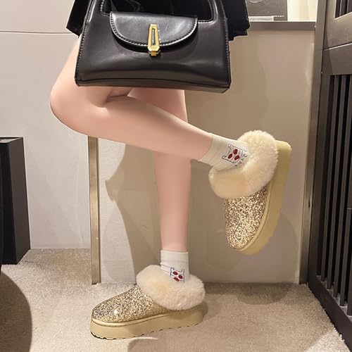 Women's Platform Glitter Sequin Flat Slippers Fuzzy Fluffy Lined Slippers Warm Winter Snow Boots Indoor Outdoor3