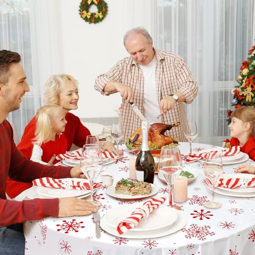 Image of Ganeen 6 Pcs Christmas Snowflakes Table Cover Decorations 84 Inch Red and White Plastic Tablecloth Winter Snowflake Holiday Party Decorations Table Cover for Christmas New Year Party Supplies