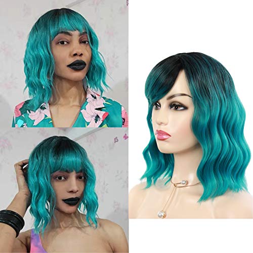 Wavy Bob Wig with Bangs Short Loose Mix Black Blue Wigs for Girl, Women's Shoulder Length Synthetic Curly Pastel Wig for Colorful Cosplay Party Wigs (12-mix black blue)