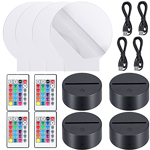 Image of Honoson 4 Set 3D Night Light Kit with Remote, 16-Color Base for Acrylic Sheets, 4 Modes for Bedroom Decor(Round Style)